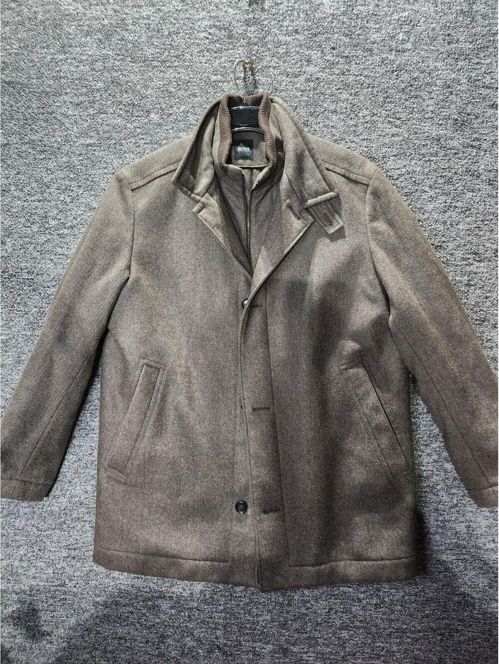 HUGO BOSS Men's Brown Overcoat Stand-Up Collar Button Zip Accents 44R